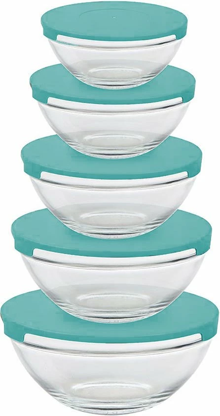 Altom Design Glazen Schalen Set Van 5 Met Deksels - Vaatwasser Bestendig - Food Prepping - Vriezer Bestendig - Magnetron Bestendig - Mint