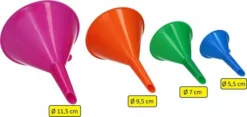Merkloos Premium 4-Delige Trechter Set – 11cm, 9 Cm, 7 Cm, 5,5 Cm | Trechters In Verschillende Formaten Met Hoge Rand | Olie Zuur En Brandstofbestendig | Multicolor | Voor Snelle Overdracht Van Vloeistoffen, Olie, Water En Droge Stoffen En Poeders | Voor Gebr