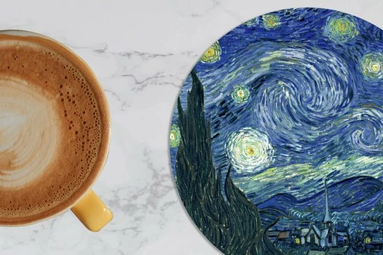 KitchenYeah Onderzetters Voor Glazen - Rond - Sterrennacht - Schilderij - Oude Meesters - Vincent Van Gogh - 10x10 Cm - Glasonderzetters - 6 Stuks - Afbeelding 3