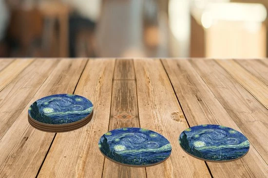 KitchenYeah Onderzetters Voor Glazen - Rond - Sterrennacht - Schilderij - Oude Meesters - Vincent Van Gogh - 10x10 Cm - Glasonderzetters - 6 Stuks - Afbeelding 5