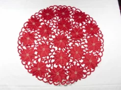 Merkloos Tafelkleed - Kerst - Rood Opengewerkt Met Bloemen - Rond 60 Cm