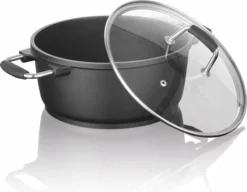 Bratoni Gietaluminium Steelpan In 'gegoten' Kwaliteit Met Glazen Deksel 20 Cm | 2-voudige Greblon Antiaanbaklaag Voor Bijna Vetvrij Koken | Alle Soorten Fornuizen Behalve Inductie