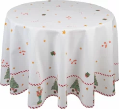 Clayre & Eef Tafelkleed Kerst Ø 170 Cm Wit Groen Katoen Rond Notenkrakers Tafellaken Tafellinnen Tafeltextiel
