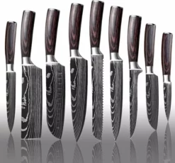 All4you Japanse Messenset - Japanse Messen - Koksmessen Set- Damascus Mes - 9 Delige Messenset