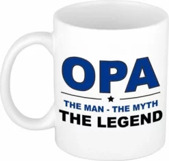 Bellatio Decorations Opa The Man The Myth The Legend Cadeau Mok / Beker Wit - 300 Ml - Verjaardag - Kado Koffiemok / Theebeker