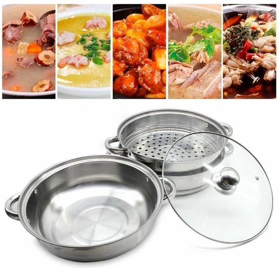 Merkloos Roestvrijstalen Steamer - 3 Tier Layer Soup Pot Set - Keuken Kookgerei - Voedsel Veg Stoompan Met Glazen Deksel - Gasfornuis Oven Steamer - Afbeelding 9