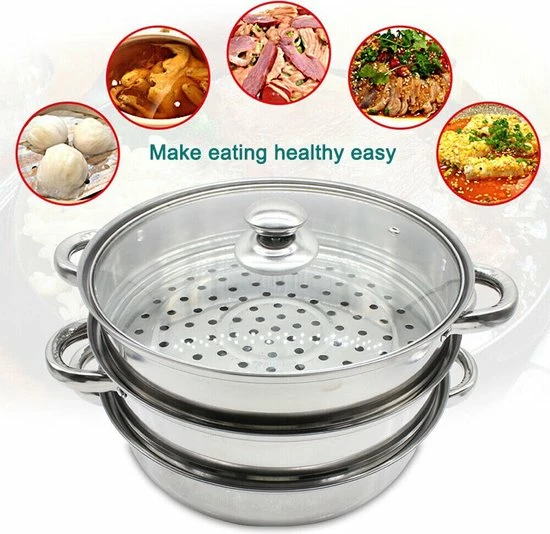Merkloos Roestvrijstalen Steamer - 3 Tier Layer Soup Pot Set - Keuken Kookgerei - Voedsel Veg Stoompan Met Glazen Deksel - Gasfornuis Oven Steamer - Afbeelding 5