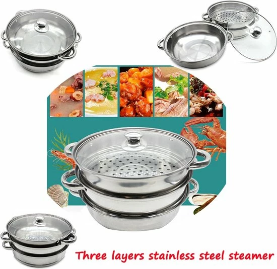 Merkloos Roestvrijstalen Steamer - 3 Tier Layer Soup Pot Set - Keuken Kookgerei - Voedsel Veg Stoompan Met Glazen Deksel - Gasfornuis Oven Steamer - Afbeelding 3