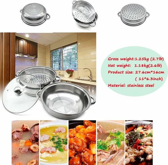 Merkloos Roestvrijstalen Steamer - 3 Tier Layer Soup Pot Set - Keuken Kookgerei - Voedsel Veg Stoompan Met Glazen Deksel - Gasfornuis Oven Steamer - Afbeelding 4