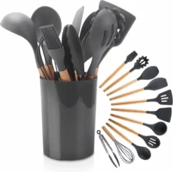 Homeon Keukengerei – Kookgerei - 11 Delige Set Met Houder – Hittebestendig Siliconen - Antraciet