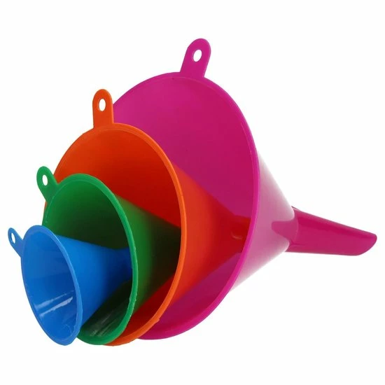 Merkloos Premium 4-Delige Trechter Set – 11cm, 9 Cm, 7 Cm, 5,5 Cm | Trechters In Verschillende Formaten Met Hoge Rand | Olie Zuur En Brandstofbestendig | Multicolor | Voor Snelle Overdracht Van Vloeistoffen, Olie, Water En Droge Stoffen En Poeders | Voor Gebr - Afbeelding 2