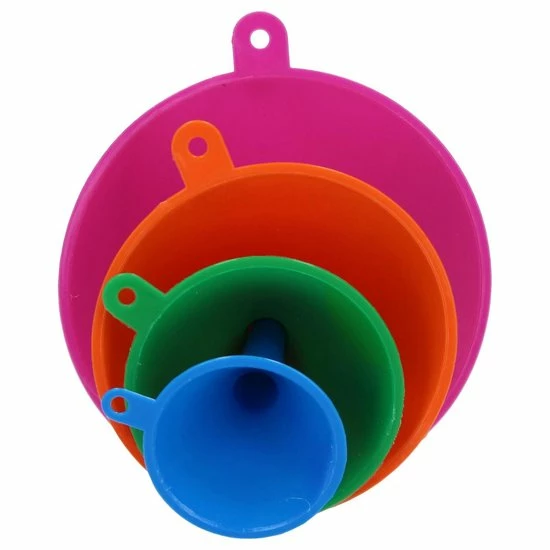 Merkloos Premium 4-Delige Trechter Set – 11cm, 9 Cm, 7 Cm, 5,5 Cm | Trechters In Verschillende Formaten Met Hoge Rand | Olie Zuur En Brandstofbestendig | Multicolor | Voor Snelle Overdracht Van Vloeistoffen, Olie, Water En Droge Stoffen En Poeders | Voor Gebr - Afbeelding 4