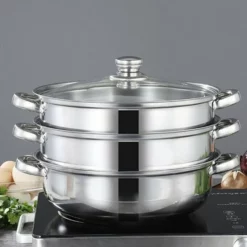 Merkloos Roestvrijstalen Steamer - 3 Tier Layer Soup Pot Set - Keuken Kookgerei - Voedsel Veg Stoompan Met Glazen Deksel - Gasfornuis Oven Steamer
