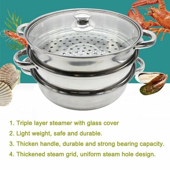 Merkloos Roestvrijstalen Steamer - 3 Tier Layer Soup Pot Set - Keuken Kookgerei - Voedsel Veg Stoompan Met Glazen Deksel - Gasfornuis Oven Steamer - Afbeelding 6