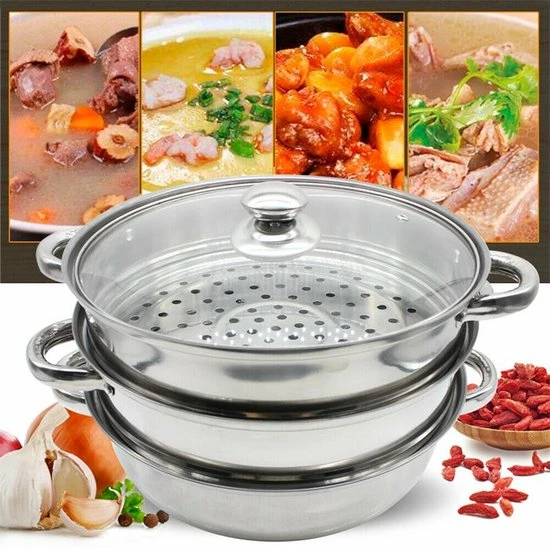 Merkloos Roestvrijstalen Steamer - 3 Tier Layer Soup Pot Set - Keuken Kookgerei - Voedsel Veg Stoompan Met Glazen Deksel - Gasfornuis Oven Steamer - Afbeelding 7