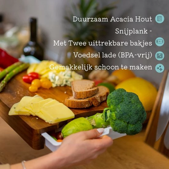 Kristies Kitchen Snijplank Met 2 Opvangbakken Kristie’s Kitchen - Borrelplank - Tapasplank - Antislip - Acacia - Afbeelding 5