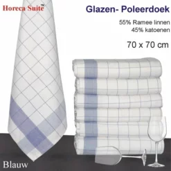 Homee Homéé® Glazendoek - Poleerdoeken Blauw Ruiten 70x70cm - Set Van 6 Stuks - 50% Ramee 50% Katoen