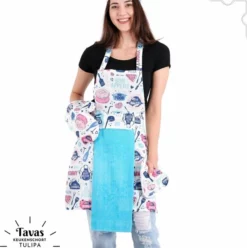 Merkloos Tulipa Keukenschort En Ovenwanten Set | Bakery | Kookschort - 55 X 75cm | Blauwe Handdoek - 30 X 50 | Keukenschort Dames | Keukenschort Voor Vrouwen | Katoen