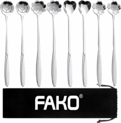Fako Bijoux® - 8 Lange Lepels Bloem Motief - Latte Macchiato - Longdrink - Cocktail - Dessert - IJs - Koffie - Zilver - 8 Stuks - Bewaarzakje