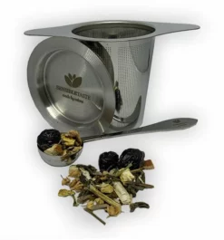Thee Filter & Maatlepel - SensibleTaste - Makkelijk Afwasbaar - RVS - Theefilter Voor Losse Thee - Thee Accessoires - Met Onderzetter - Dubbele Handgreep - Maatlepel - Theezeven - Cadeau - Black Friday