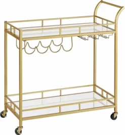 FURNIBELLA - Serveerwagen, Trolley Met Wielen, Glashouder, 2 Glazen Leggers, Bar Trolley, Wijn Trolley, Voor Keuken, Eetkamer, Bar, Goudkleurig LRC090A03