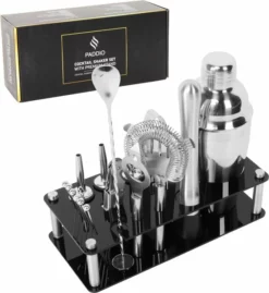 Paddio Cocktail Set - 18-delige Cocktail Shaker Set Met Houder - RVS - Vaatwasserbestendig - Inclusief Cocktail Boekje Met 5 Recepten