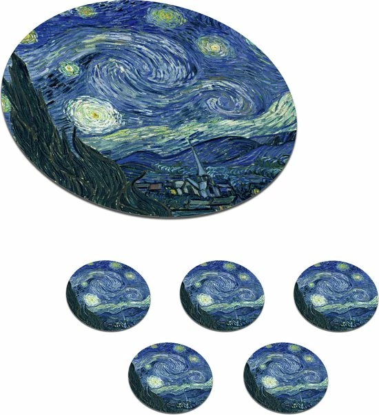 KitchenYeah Onderzetters Voor Glazen - Rond - Sterrennacht - Schilderij - Oude Meesters - Vincent Van Gogh - 10x10 Cm - Glasonderzetters - 6 Stuks