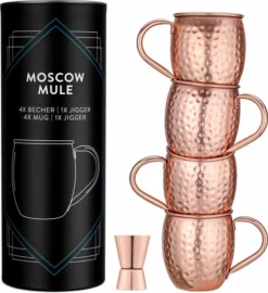 Navaris Moscow Mule Bekers - Set Van 4 - Cocktailbekers - Mok Voor Moscow Mule En Cocktails - Roestvrij Staal - 4 Koperen Mokken - Inclusief Jigger