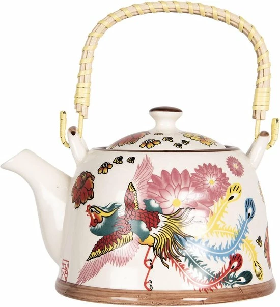 Clayre & Eef Theepot Met Filter 800 Ml Beige Roze Porselein Rond Theekan Cadeau Voor Haar Chinese Theepot