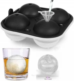 Nevi Silicone Ijsblokjesvorm Met Deksel - Ijsballen Voor Gin Of Whisky - 4 Grote Ronde Ijsballen Ø 6cm - Zwart