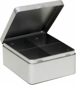 Merkloos Zilveren 4-vaks Theedoos/theekist 15 Cm - Keuken Accessoires - Theezakjes Houder Bewaarblik