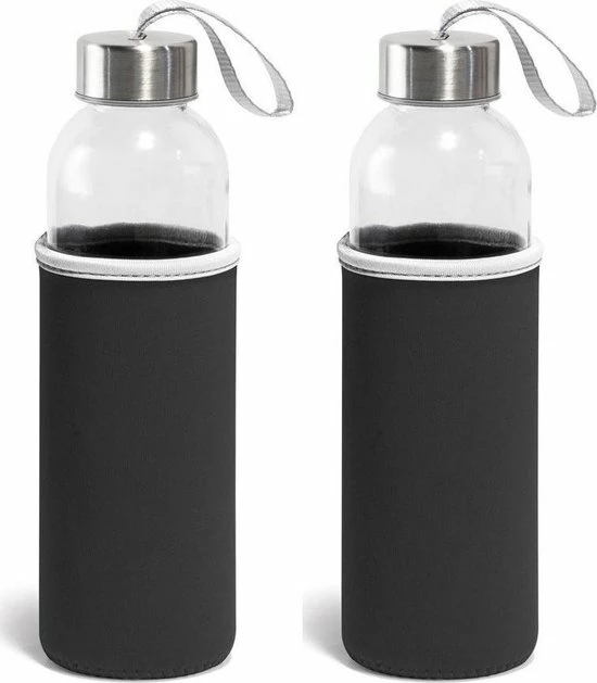 Merkloos Drinkfles Met Soft Shell Hoes - 520ml - Glas - 2 Stuks