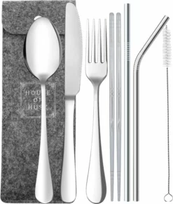 House Of Husk Reisbestek - Reis Bestekset - Chopsticks - Metalen Rietjes Met Borstel - Lepel - Vaatwasserbestendig - RVS - 7 Delig - Zilver