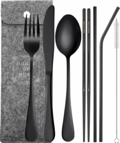 House Of Husk Reisbestek - Reis Bestekset - Chopsticks - Metalen Rietjes Met Borstel - Lepel - Vaatwasserbestendig - RVS - 7 Delig - Zwart