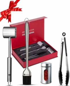 Rednas Vleeshamer Pakket - Incl. Giftbox - Sinterklaas Cadeautjes - Vleesvermalser - BBQ Accessoires - Vleestang/Bakkwast/Kruidenpotje - RVS 304