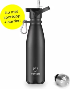 Vatten® Premium RVS Thermosfles - 500 Ml - Mat Zwart - Waterfles Met Rietje - Isoleerfles
